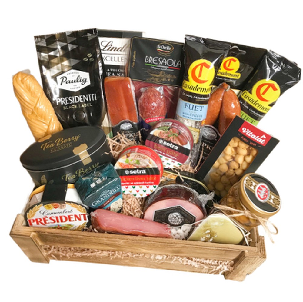 Подарунковий ящик з елітним набором продуктів.